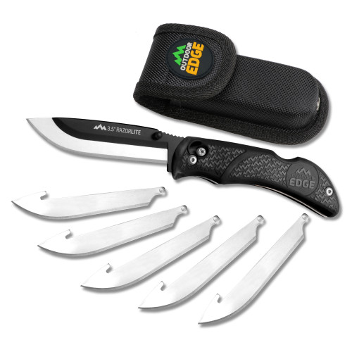 Outdoor Edge Razor Lite, Folding Knife, Plain Edge, 3.5" Blades, 420J2 Stainless Steel, Black Handle, Includes (6) Drop Point Blades RL-10C