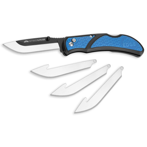 Outdoor Edge Razor EDC Lite, Folding Knife, Plain Edge, 3" Blades, 420J2 Stainless Steel, Blue and Black Handle, Includes (4) Drop Point Blades RLU30-40C