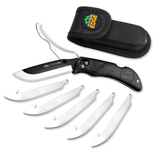 Outdoor Edge Razor Pro, Folding Knife, Plain Edge, 3.5" Blades , 420J2 Stainless Steel, Black Handle, Includes (6) Drop Point Blades and Gut Blade RO-10C