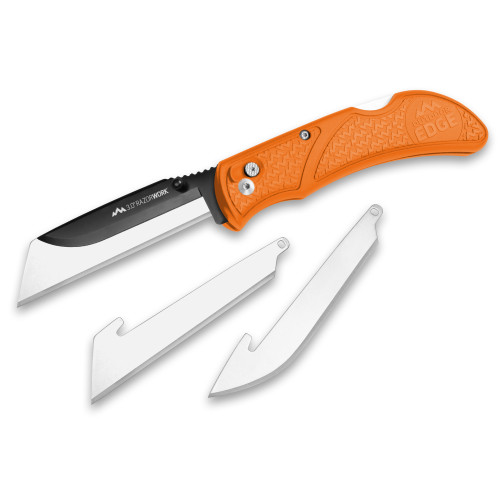 Outdoor Edge Razorwork, Folding Knife, Plain Edge, 3" Blades, Black Oxide Finish, 420J2 Stainless Steel, Orange Handle, Includes (2) Utility Blades and (1) Drop Point Blade RWB30-70C