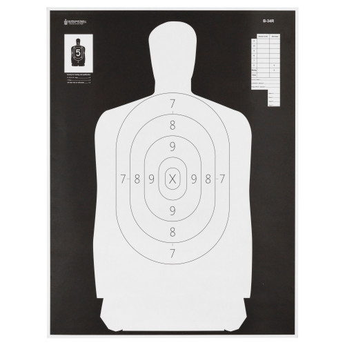 Action Target B-34R Reverse Qualification Target, 25 Yard Reduction Of B-27, Ivory Police Silhouette With Black Background, 17.5"x23", 100 Per Box B-34R-100