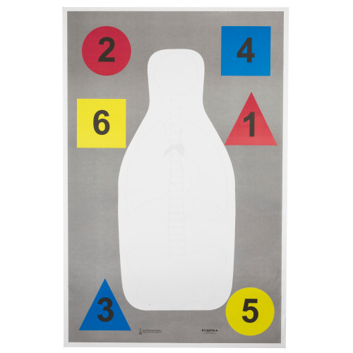 Action Target DT-ANTQ-A Anatomy And Command Training Multi Purpose Target, FBI-Q Target, Vital Anatomy And Shapes, Black/Red/Blue/Yellow, 23"x35", 100 Per Box DT-ANTQ-A-100