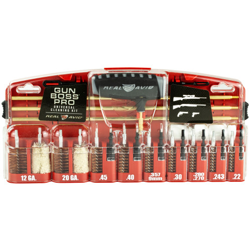 Real Avid Cleaning Kit, Gun Boss Pro-Universal Gun Cleaning Kit, Multi-Function Handle, Three Brass Rod Sections, Kickstand Tool Case, Labeled compartments, Fits .22, .243, .280, .270, .30, .357, 9mm, .40, .45, 20Ga, 12Ga AVGBPRO-U