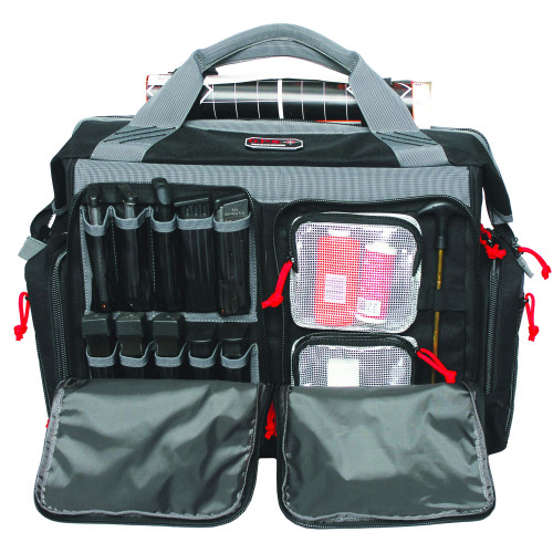 GPS Rolling Range Bag, Black, Soft Case, Holds up to 1 Medium Frame Pistol and 2 Small Frame Pistols, Oversize ATV Wheels, Additional External Pockets for Magazines, Binoculars, Ear Protection, Stapler, and Targets GPS-2215RB