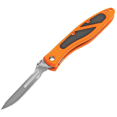 Havalon Piranta Edge, Folding Knife, Liner Lock, 2.75" Stainless Steel Blade, Orange ABS Handle with Black Rubber Inlay, OAL 7 1/4", Includes 12 Additional Blades and Nylon Holster XTC-60AEDGE