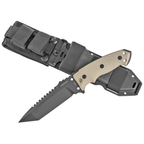 Hogue EX-F01, Fixed Blade Knife, 5.5" Tanto Blade with Broad Rear Saw Teeth, Black Cerakote Finish, A2 Tool Steel, G10 Flat Dark Earth Handle, Includes Retention Sheath 35127