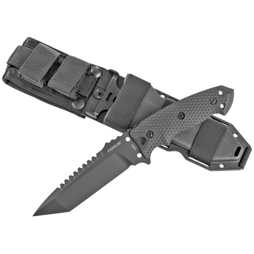 Hogue EX-F01, Fixed Blade Knife, 5.5" Tanto Blade with Broad Rear Saw Teeth, Black Cerakote Finish, A2 Tool Steel, G10 Black Handle Includes Retention Sheath 35129