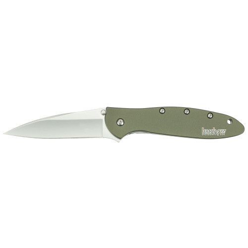 Kershaw Leek, 3", Assisted Folding Knife, Clip Point Thumb, Plain Edge, 14C28N/Satin, Anodized Aluminum, Thumb Stud/Pocket Clip, Olive 1660OL