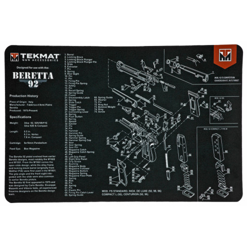 TekMat Beretta 92 Pistol Mat, 11"x17", Black, Includes Small Microfiber TekTowel, Packed in Tube TEK-R17-BER92
