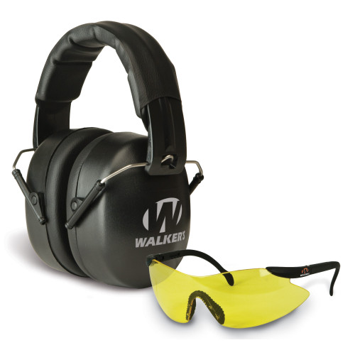 Walker's Earmuff, Folding, Padded Headband, Black, Shooting Glasses, Yellow Lenses, One Pair of Foam Plugs GWP-FM3GFP