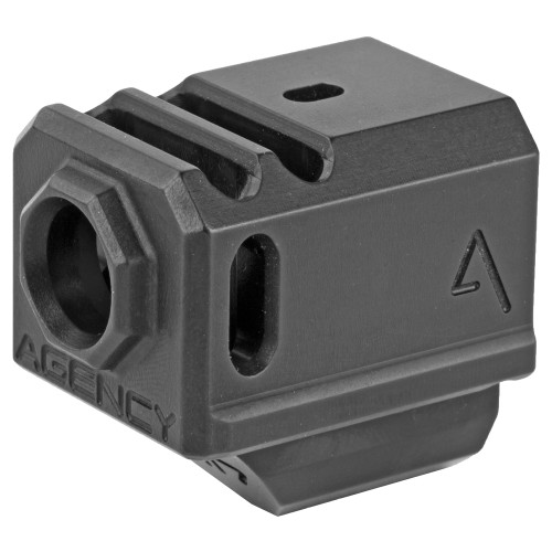 Agency Arms Gen4 Compensator, Features two chamber design-2 vertical ports and 2 side venting ports, Front sight hole, Two set screws with an Allen Wrench and a vial of Rockset are included in package, Compatible with the Glock 17/19/34, Standard 1/2