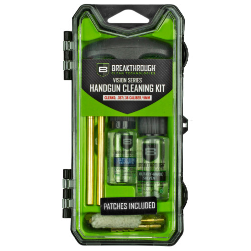 Breakthrough Clean Technologies Vision Series, Cleaning Kit, For .35 Cal/ .38 Cal/ 9MM, Includes Cleaning Rod Sections, Hard Bristle Nylon Brushes, Jags, Patch Holders, Cotton Patches, Durable Aluminum Handle And Mini Bottles of Breakthrough Militar