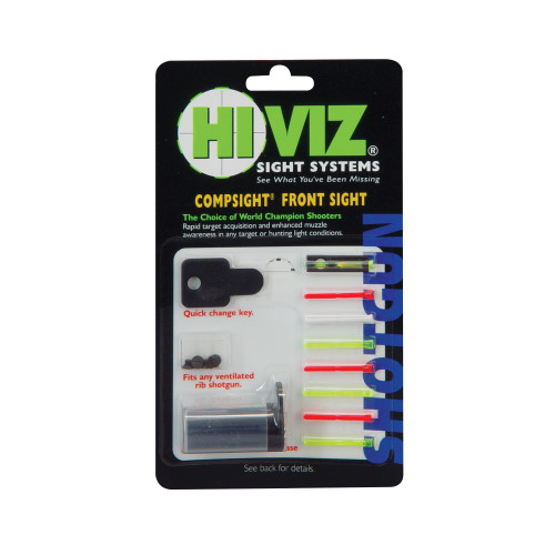 Hi-Viz CompSight, Interchangeable Shotgun Sight. Screw-Attach design replaces the front bead on a shotgun. Fits most vent-ribbed shotguns with removable front bead. Includes four Green, three Red, and one White replaceable LitePipes in four diameter