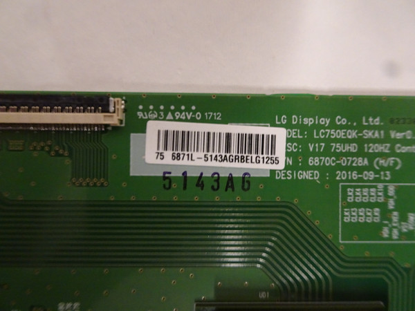 Sony XBR-75X850E T-Con Board (6871L-5143A) 1-897-120-21