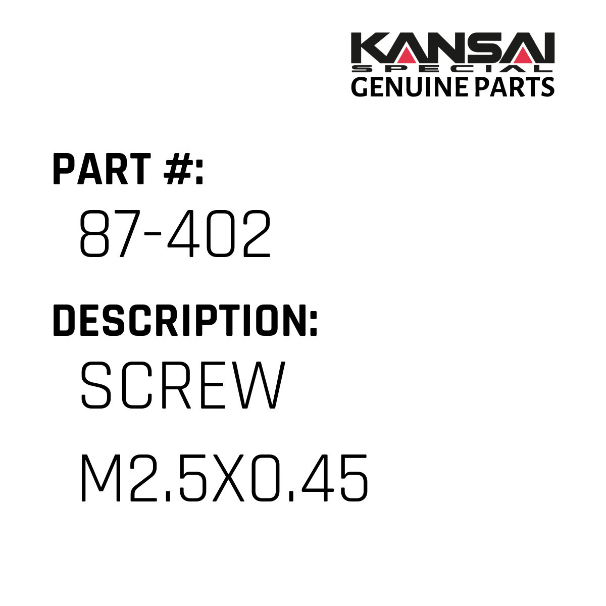 康司郎　904545 Screw M2.5X0.45 - Kansai Special #87-402 - Jacksew Parts Store
