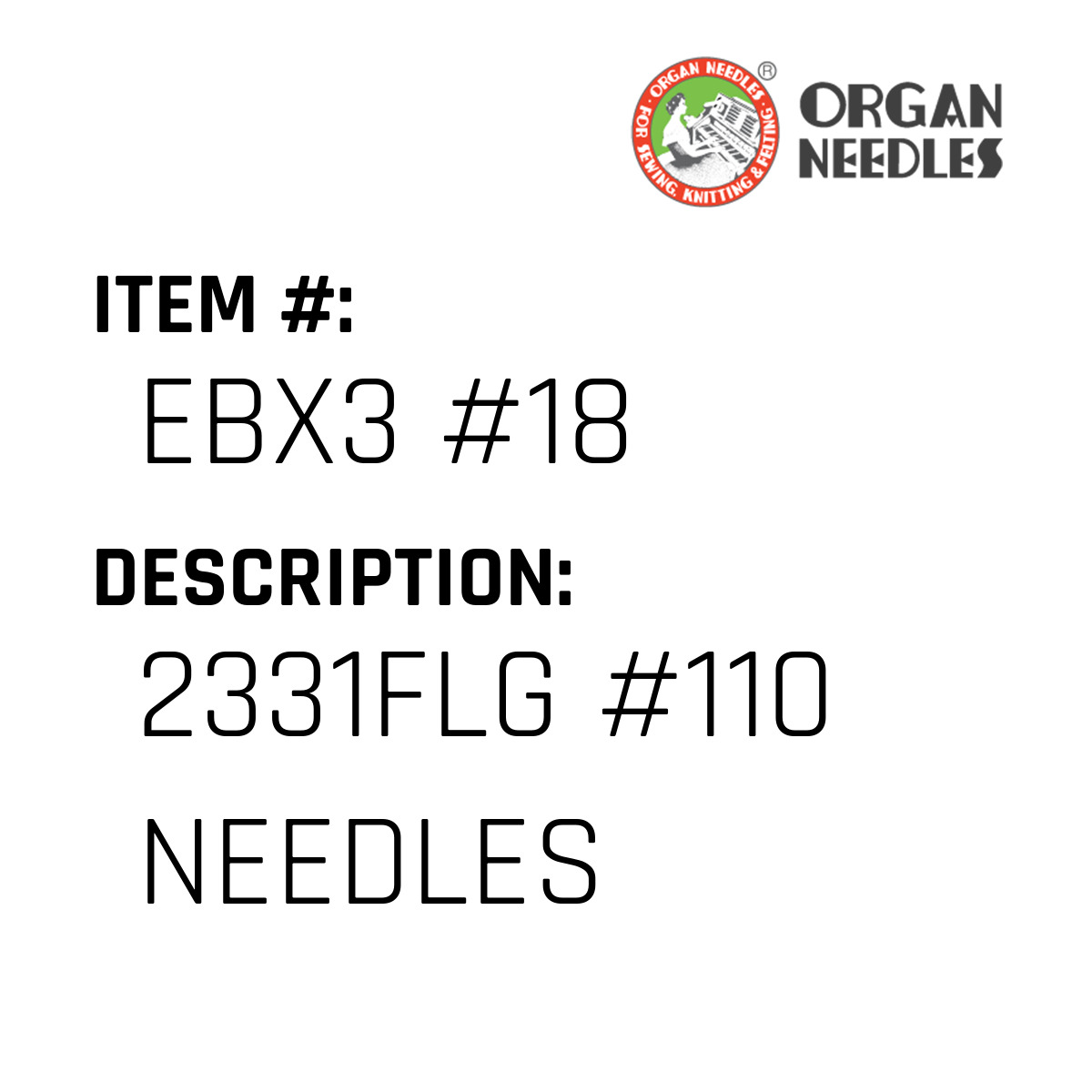 セレンページ 2331Flg #110 Needles - Organ Needle #EBX3 #18 - Jacksew