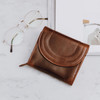 small brown leather ladies purse with popper closure, coin purse and credit card slots with overstitch detail