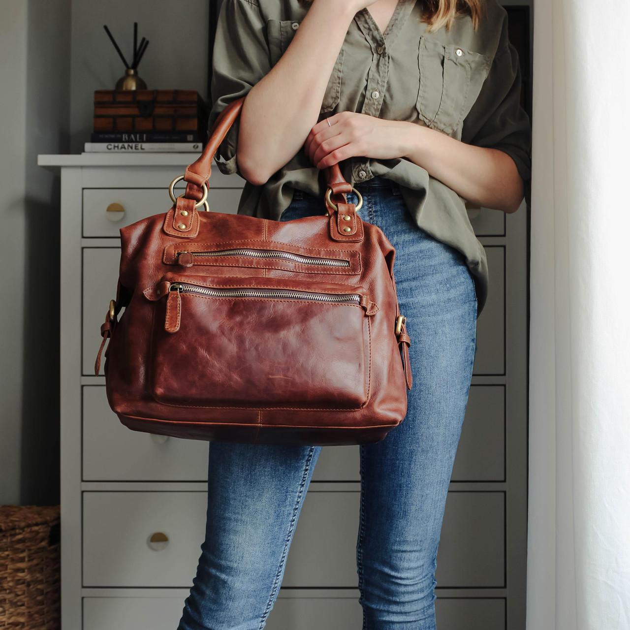 Hampton Leather Zip Pocket Handbag, Distressed Brown - The Leather Store