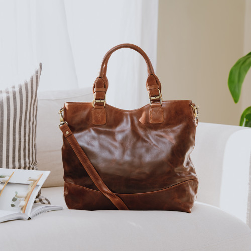 brown large leather tote with crossbody strap