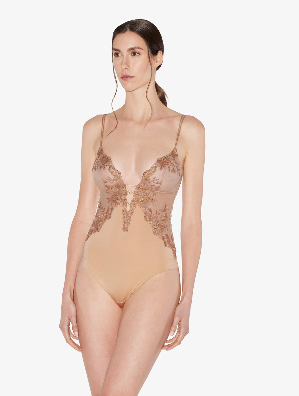 Luxury Lycra Bodysuit in Beige with Embroidered Tulle | La Perla
