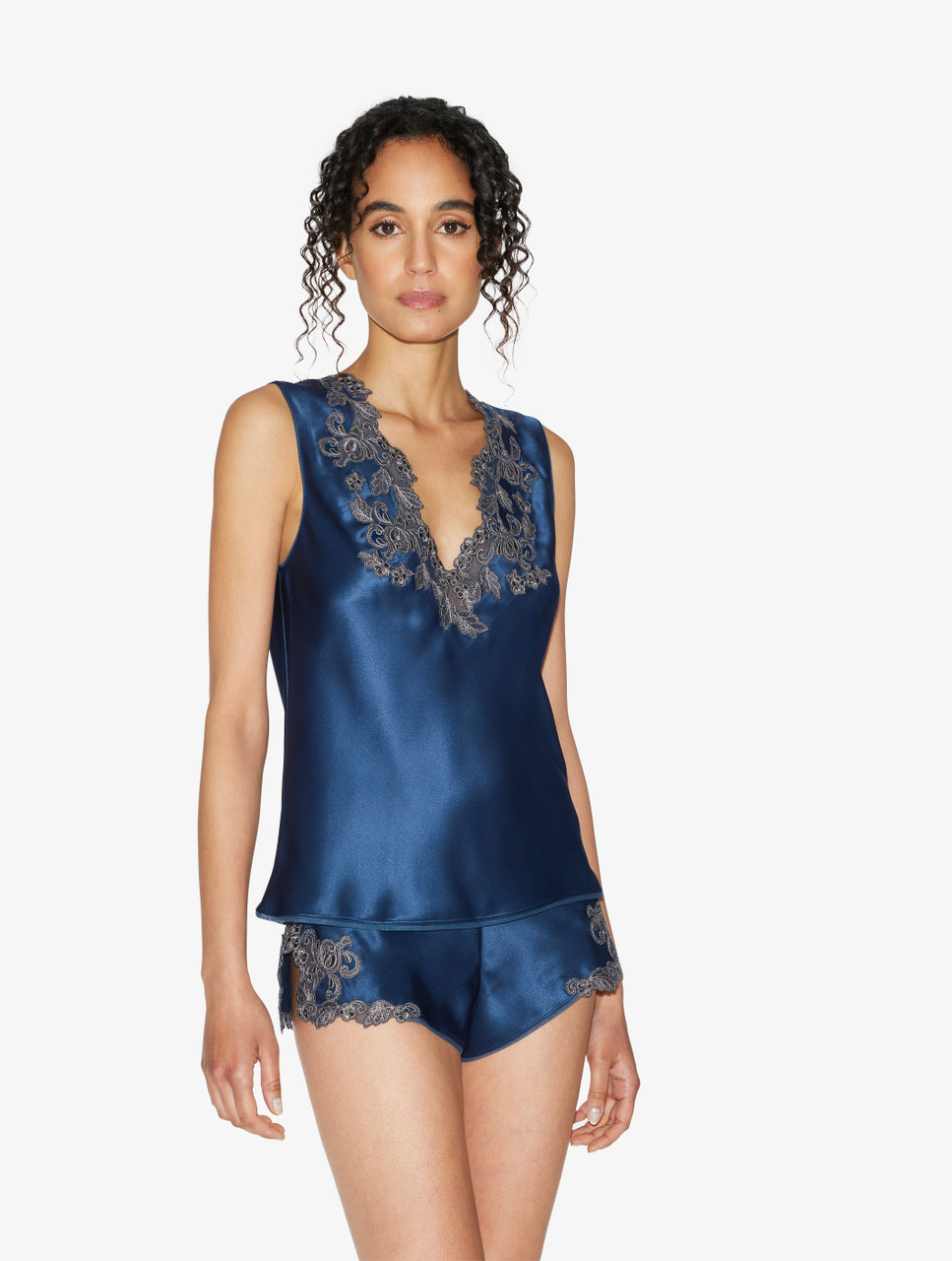 Lace La Perla Seta Blue Silk Satin Top With Frastaglio La Perla Euro