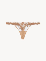 Thong in beige Lycra with embroidered tulle_0