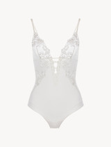 Bodysuit in off-white Lycra with embroidered tulle_0