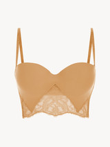 Nude Lycra strapless brassiere with Chantilly lace_0