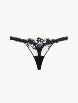 Thong in black Lycra with embroidered tulle_0