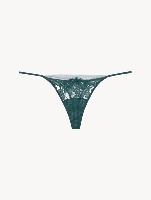 Thong in dark green Leavers lace