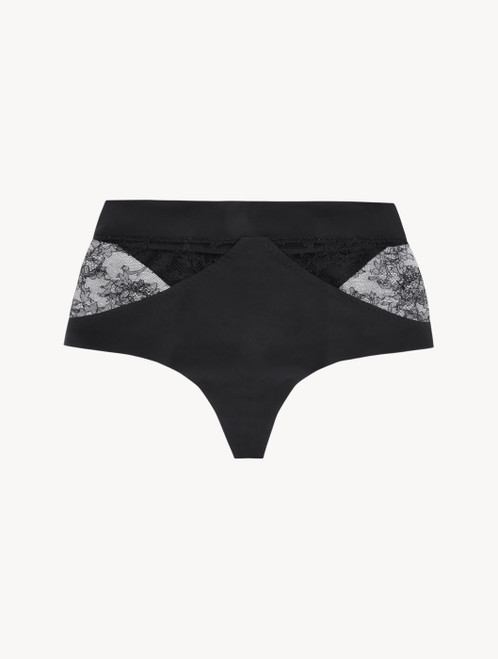 Black Lycra control fit high-waist thong with Chantilly lace
