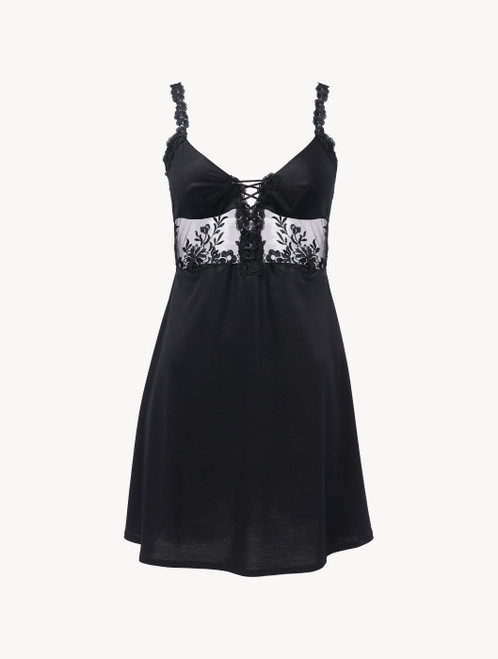 Slip Dress in black modal with embroidered tulle_0