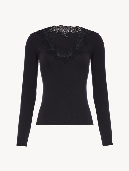 Cashmere Blend Ribbed Long-sleeved Top in Onyx with Frastaglio_0