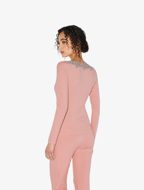Cashmere Blend Ribbed Long-sleeved Top in Blush Clay with Frastaglio