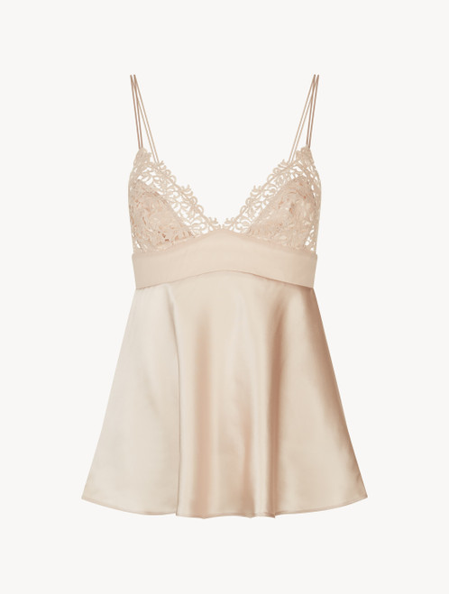 Petit rose satin camisole／Fiorforte Rose Beige camisole in silk with macramé frastaglio - La