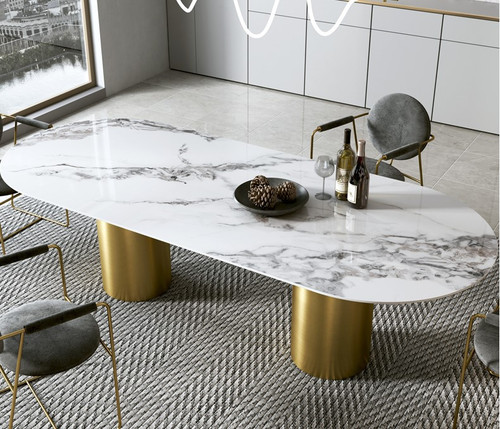 Glossy Sintered Stone Dining Table with gold plate