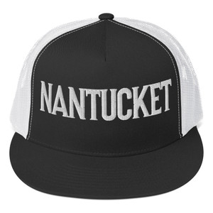 Boldly represent Nantucket with this black-and-white trucker cap.