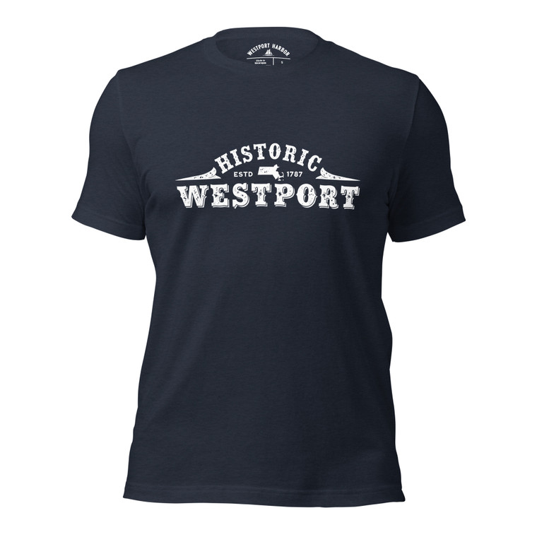 Celebrate historic Westport, MA with this soft dark tee.