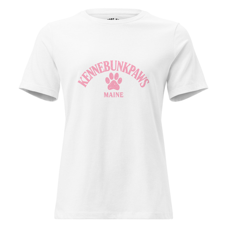 Kennebunkpaws pink paw tee for women—coastal comfort meets canine love.