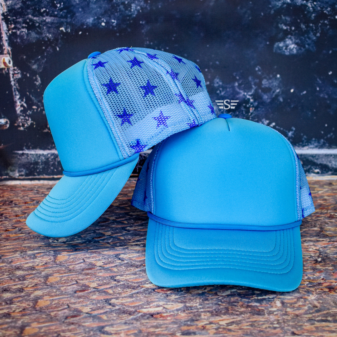Neon Blue Star Printed Mesh Trucker Cap - Flying S Company display picture 3