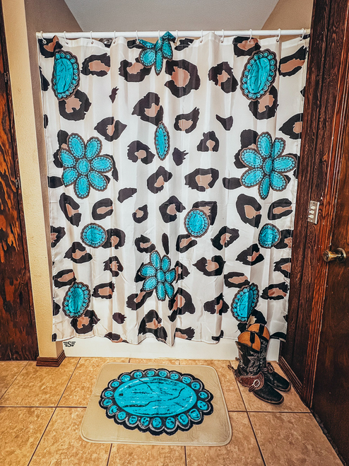 Cattle brand, livestock brand, brand, ranch, ranching, leopard, turquoise, concho, shower curtain, western bathroom, western rug, bathroom, bathroom decor, western decor, home decor, western home, ranch house