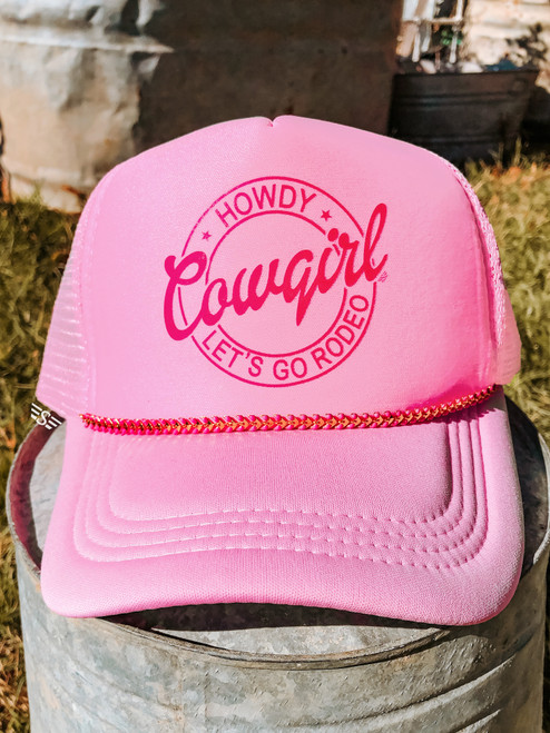 Pink, cowgirl, rodeo, bronc, barrel racing, trucker hat, cap, cap necklace