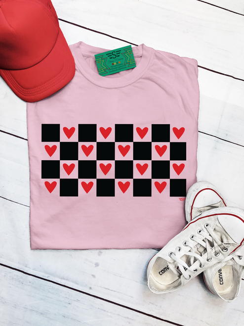 graphic tee, t-shirt, shirt, valentines, check, edgy, hearts, skater boy, skater girl, racing, checkered flag, heart, love, red