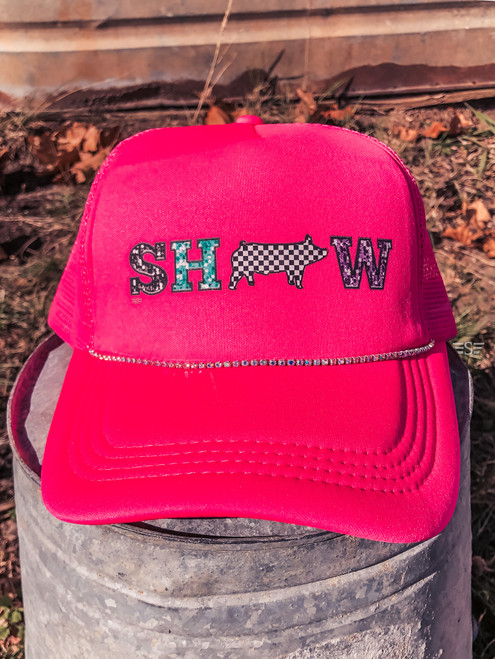 show animal, show pig, show calf, show lamb, show sheep, show goat, checkered, sequin, rhinestone, pink, trucker, hat, cap, retro, livestock, stock, show stock