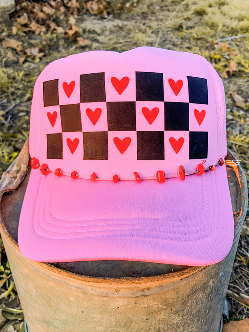 trucker hat, cap, cap necklace, hat, trucker cap, valentines, check, edgy, hearts, skater boy, skater girl, racing, checkered flag, heart, love, red