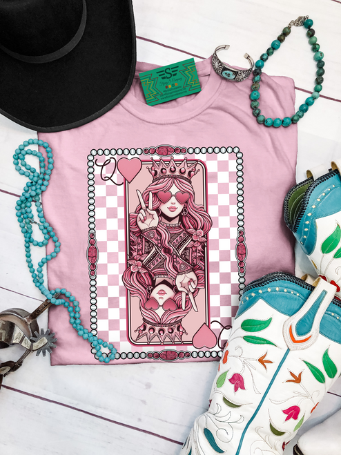 graphic tee, t-shirt, shirt, western, punchy, ranchy, desert, cowboy, cowgirl, hippie, queen of hearts, check, preppy, queen, valentines, hearts, cards, playing cards, navajo pearls, turquoise jewelry