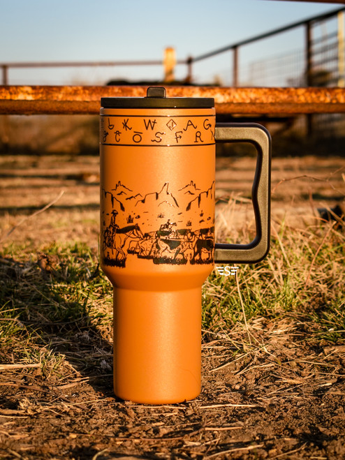 Cup, 40 oz, double walled cup, insulated cup, cup with handle, ranch, cattle, cow, cows, horse, horses, cattle women, rancher, western, punchy, ranchy, desert, cowboy, cowgirl, steer, chaps. ropes. diamond