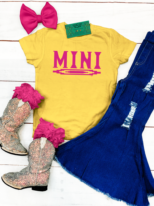 graphic tee, t-shirt, shirt, vibrant, bright, yellow, pink, mama, mini, ranch, cattle, cow, cows, horse, horses, cattle women, rancher, western, punchy, ranchy, desert, cowboy, cowgirl, infant, toddler, youth