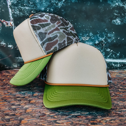 cap, hat, trucker hat, headwear, camo, hunting, duck hunting, hat bar, DIY hat, printed mesh hat, camp cap, camo hat, duck camo, old school camo, girly camo, pink camo, pink hunting