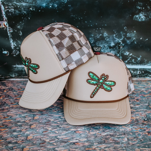 turquoise dragonfly hat, western trucker hat, boho trucker hat, embroidered dragonfly cap, nature trucker hat, foam trucker hat, snapback cap, Magna Pony™ hat, magnetic ponytail hat, exclusive ponytail trucker, boho western cap, cowgirl hat, summer trucker hat, mesh back cap.